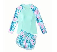 Maillot de Bain Fille Anti UV 2pcs Tankini Enfant Haut Manche Courte T-Shirt de Bain avec Shorty Sport Eté Ensemble de Plage Natation Rash Guard 2-13 Ans Ensemble de Maillot de Bain