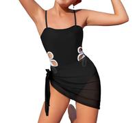Maillot de bain fille enfants maillots de bain bikini maillot de bain pour fille avec bretelles réglables pour 1 pièce col rond uni découpé 1 vêtement bébé tante, Noir , 13-14 ans