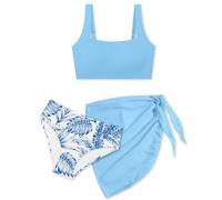 Maillot de Bain Fille Ensemble Bikini Trois Pièces Haut Sport Haute Culotte Jupe Plage Piscine Séchage Rapide Élastique Enfant 7-16 Ans (Sky Blue, 9-10 Years)