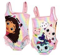 Maillot de Bain Fille Une Pièce Gabby's Dollhouse - Maillot Arc-en-Ciel avec Volants, Bretelle Réglable & Effet Écailles de Sirène, 85% Polyester 15% Élasthanne, Tailles 2-6 Ans