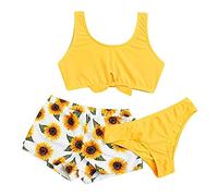 Maillot de Bain Filles 3 Pièces Ensemble Bikini Enfant Volants Taille Haute Maillots de Bain Imprimé Floral Tropical Ensemble de Bikinis avec Short Couvrant pour 8-14 Ans