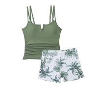 Maillot de Bain Filles 3 Pièces Ensemble Bikini Enfant Volants Taille Imprimé Floral Haute Maillots de Bain Tropical Ensemble de Bikinis avec Short Couvrant 7-13 Ans