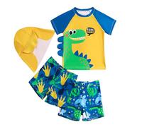 Maillot de bain Garçons Short de bain Enfants Été Manches Courtes Dessin animé Dinosaure Imprimé Maillot de bain Short Pantalon Chapeau Quatre pièces Ensemble de maillot de bain, jaune, 4-5 ans