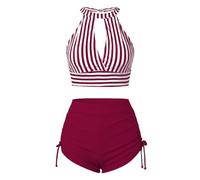 Maillot De Bain Grain Sable Bikini Femme Solid Color Striped Two Piece Bikini Swimsuit Women Tight Sexy Ensemble Femme Ete Maillot De Bain Ronde (Hot Pink, L)