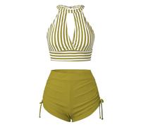 Maillot De Bain Grain Sable Bikini Femme Solid Color Striped Two Piece Bikini Swimsuit Women Tight Sexy Ensemble Femme Ete Maillot De Bain Ronde (YE1, S)