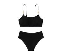 Maillot De Bain Grande Taille Bikini Femme Women's Ribbed Bikini Sets Neck Swimsuit Textured Two Piece Bathing Suit Bandeau Maillot De Bain Femme 2 Pieces (Black, L)