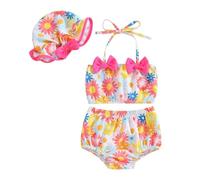 Maillot de Bain Grande Taille Fille, Maillot de Bain Trois pièces pour Fillette avec Haut à Liens Short et Chapeau d'été pour Plage et Piscine