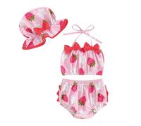 Maillot de Bain Grande Taille Fille, Maillot de Bain Trois pièces pour Fillette avec Haut à Liens Short et Chapeau d'été pour Plage et Piscine