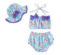 Maillot de Bain Grande Taille Fille, Maillot de Bain Trois pièces pour Fillette avec Haut à Liens Short et Chapeau d'été pour Plage et Piscine