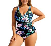 Maillot de bain grande taille, tankini avec motif floral, taille haute, bretelles réglables pour une couverture optimale, Noir1, XXL