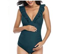 Maillot de Bain Grossesse Femmes Une pièce Bikini Maternité Col en V Maillot de Bain Enceintes avec Coussinet de Poitrine Amovible Froncé Vetement de Plage Piscine Source Thermale Swimwear
