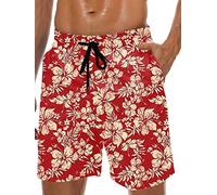 Maillot de bain hawaïen pour homme avec doublure en maille et poches, Fleur rouge-jaune, Large