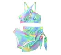 Maillot de Bain Jupette Girl's 3 Bikini Set Tropical Print Wrap Bathing Suit with Beach Skirt