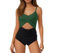 Maillot De Bain,Maillot De Bain Femme 1 PièCe,Maillots de Bain Femme, Maillot de Bain 1 pièce Taille Haute à découpes, Cache-cœur, noué dans Le Dos (Green, XXL)
