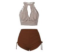 Maillot De Bain Maillot De Bain Transbronzant Solid Color Striped Two Piece Bikini Swimsuit Women Tight Sexy Bikini Femme 2 PièCe Transbronzant Femme (Brown, S)