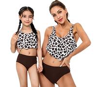Maillot de Bain Mère et Fille Assortie 2 Pièces Bikini Tankini Ensemble Femme Enfant à Volants Taille Haut Imprimé/Rayures/Léopard Plage Natation Hawaii Été Swimwear Courte #2 Café L