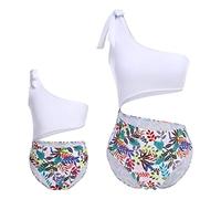 Maillot de Bain Mère et Fille Assortie Une Pièce Bikini Tankini Ensemble Femme Enfant à Volants Taille Haut Imprimé/Rayures/Léopard Plage Natation Hawaii Été Swimwear Courte #1 Blanc Une Épaule S