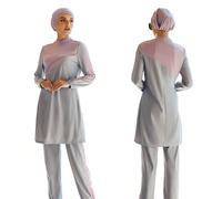 Maillot de bain musulman pour femmes, ensemble de maillot de bain digne de l'islam en 3 pièces, patchwork gris et rose, ensemble complet, foulard, robe burkini à manches longues + pantalon L,M,S,XL,XX