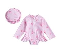 Maillot de Bain Nouveau-né Bébé Fille 1 Pièce Body Combinaion Manches Longues Anti-UV Costume de Bain Natation et Chapeau de Soleil (Rose Nœud Cerises, 2-3 Years)