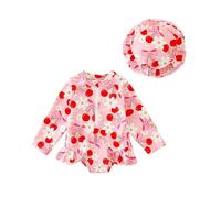 Maillot de Bain Nouveau-né Bébé Fille 1 Pièce Body Combinaion Manches Longues Anti-UV Costume de Bain Natation et Chapeau de Soleil (Rose Cerise, 2-3 Years)