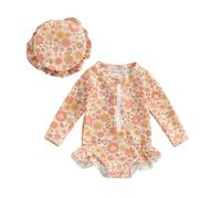 Maillot de Bain Nouveau-né Bébé Fille 1 Pièce Body Combinaion Manches Longues Anti-UV Costume de Bain Natation et Chapeau de Soleil (Jaune, 2-3 Years)