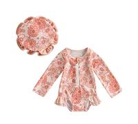 Maillot de Bain Nouveau-né Bébé Fille 1 Pièce Body Combinaion Manches Longues Anti-UV Costume de Bain Natation et Chapeau de Soleil (Orange Florale, 80/6-9 Mois)