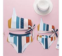 Maillot De Bain Parent-Enfant,Famille Matching Maillots De Bain Mère Fille Bikinis Ensembles Une Épaule Rayures Hauts Taille Haute Bas Mode Deux Pièce Tankini Maillots De Bain,Femmes Maillots De B