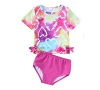Maillot de Bain Piscine Fille, Maillot de Bain Deux pièces pour Fille avec Haut à Manches Courtes imprimé cœurs tie-Dye et Bas Triangle à nœud
