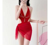 Maillot de bain pour femme - Chaîne fine - Bikini en V profond - Style pur désir - Petit buste sexy - 2556 (S rouge)