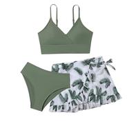 Maillot de Bain pour Filles, Adolescents Swimsuit, Maillot de Bain 3 Pièces Ensemble de Bikini Imprimé Floral Mignon avec Jupe Maillots de Bain (Green 13-14 Years)