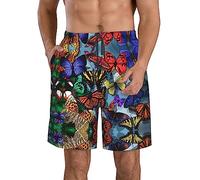Maillot de bain pour homme imprimé papillon coloré dessiné à la main Short de bain à séchage rapide avec poches Short de plage pour homme, blanc, Medium