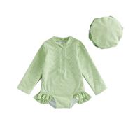 Maillot de Bain Rashguard pour Petite Fille Couleur Unie découpes œillets Fermeture éclair Manches Longues Volants avec UV Maillot de Bain Une pièce avec Fermeture éclair (Vert, 0-3 Months)