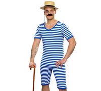 Maillot de bain rayé pour homme rétro | Bleu-Blanc en taille M (FR 48/50) | Déguisement de sport pour homme maillot de bain à rayures | Le point fort d'une soirée à thème & d'une fête déguisée