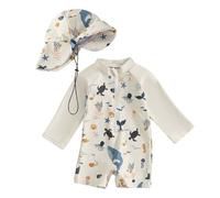 Maillot De Bain Short Garçon avec Chapeau 0-36 Mois Dessin Animé Maillot De Bain Manche Longue Bebe Garcon 1 Pièce avec Bonnet Sport Natation Piscine Plage Vacances (6-12 Mois, Blanc)