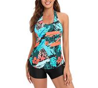Maillot de Bain Shorty Femme 2 Pieces Taille Haute Sexy Tankini Femme Gainant Menstruel Ronde Amincissant D'été Bikini Plage Sport Marque Swimwear Vêtements Cadeau Femme(Bleu,M)