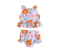 Maillot de Bain Split 2 Pièces pour Fille: Maillot de Bain Top Imprimé sans Manches + Culotte à Volants Bikini Set Maillot de Bain - Vacances D'été