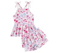 Maillot de Bain Split 2 Pièces pour Fille: Maillot de Bain Top Imprimé sans Manches + Culotte à Volants Bikini Set Maillot de Bain - Vacances D'été Rose 110