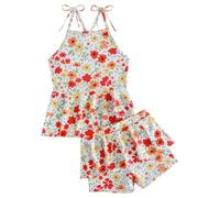 Maillot de Bain Split 2 Pièces pour Fille: Maillot de Bain Top Imprimé sans Manches + Culotte à Volants Bikini Set Maillot de Bain - Vacances D'été Rouge 130