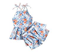 Maillot de Bain Split 2 Pièces pour Fille: Maillot de Bain Top Imprimé sans Manches + Culotte à Volants Bikini Set Maillot de Bain - Vacances D'été Orange-Fleur 130