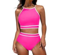Maillot de bain sportif 2 pièces à col haut, dos nageur, contrôle du ventre, triangle sportif, deux pièces, haut de bain rembourré amovible, bas de bain, couleur contrastée, maillot de bain athlétique