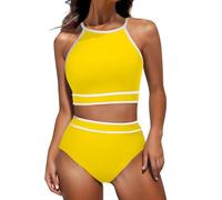 Maillot de bain sportif 2 pièces à col haut, dos nageur, contrôle du ventre, triangle sportif, deux pièces, haut de bain rembourré amovible, bas de bain, couleur contrastée, maillot de bain athlétique