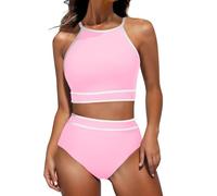 Maillot de bain sportif 2 pièces à col haut, dos nageur, contrôle du ventre, triangle sportif, deux pièces, haut de bain rembourré amovible, bas de bain, couleur contrastée, maillot de bain athlétique