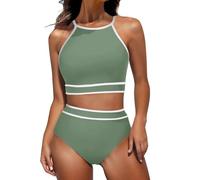 Maillot de bain sportif 2 pièces à col haut, dos nageur, contrôle du ventre, triangle sportif, deux pièces, haut de bain rembourré amovible, bas de bain, couleur contrastée, maillot de bain athlétique