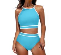 Maillot de bain sportif 2 pièces à col haut, dos nageur, contrôle du ventre, triangle sportif, deux pièces, haut de bain rembourré amovible, bas de bain, couleur contrastée, maillot de bain athlétique