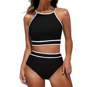 Maillot de bain sportif 2 pièces à col haut, dos nageur, contrôle du ventre, triangle sportif, deux pièces, haut de bain rembourré amovible, bas de bain, couleur contrastée, maillot de bain athlétique