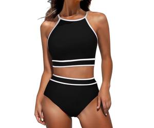 Maillot de bain sportif 2 pièces à col haut, dos nageur, contrôle du ventre, triangle sportif, deux pièces, haut de bain rembourré amovible, bas de bain, couleur contrastée, maillot de bain athlétique