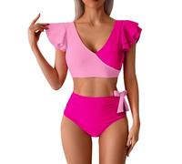 Maillot de bain taille forte Bikini Set Curvy taille haute string femme deux pièces Bikini rembourré soutien-gorge réglable sexy maillot de bain décolleté profond avec tulle Curvy Beachwear, rose, XL