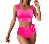 Maillot De Bain Taille Haute Grain Sable Maillot de Bain pour Femme, Ensemble Bikini Taille Haute à Double Lien sur Les épaules Tankini Femme 2 Pieces Shorty (Hot Pink, XL)