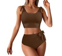 Maillot De Bain Taille Haute Grain Sable Maillot de Bain pour Femme, Ensemble Bikini Taille Haute à Double Lien sur Les épaules Tankini Femme 2 Pieces Shorty (Coffee, S)