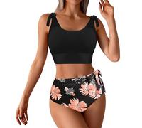 Maillot De Bain Taille Haute Grain Sable Maillot de Bain pour Femme, Ensemble Bikini Taille Haute à Double Lien sur Les épaules Tankini Femme 2 Pieces Shorty (Orange, M)